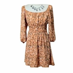 Peach Dainty Smocked Green White Floral Long Sleeve Dress Size XS To Small